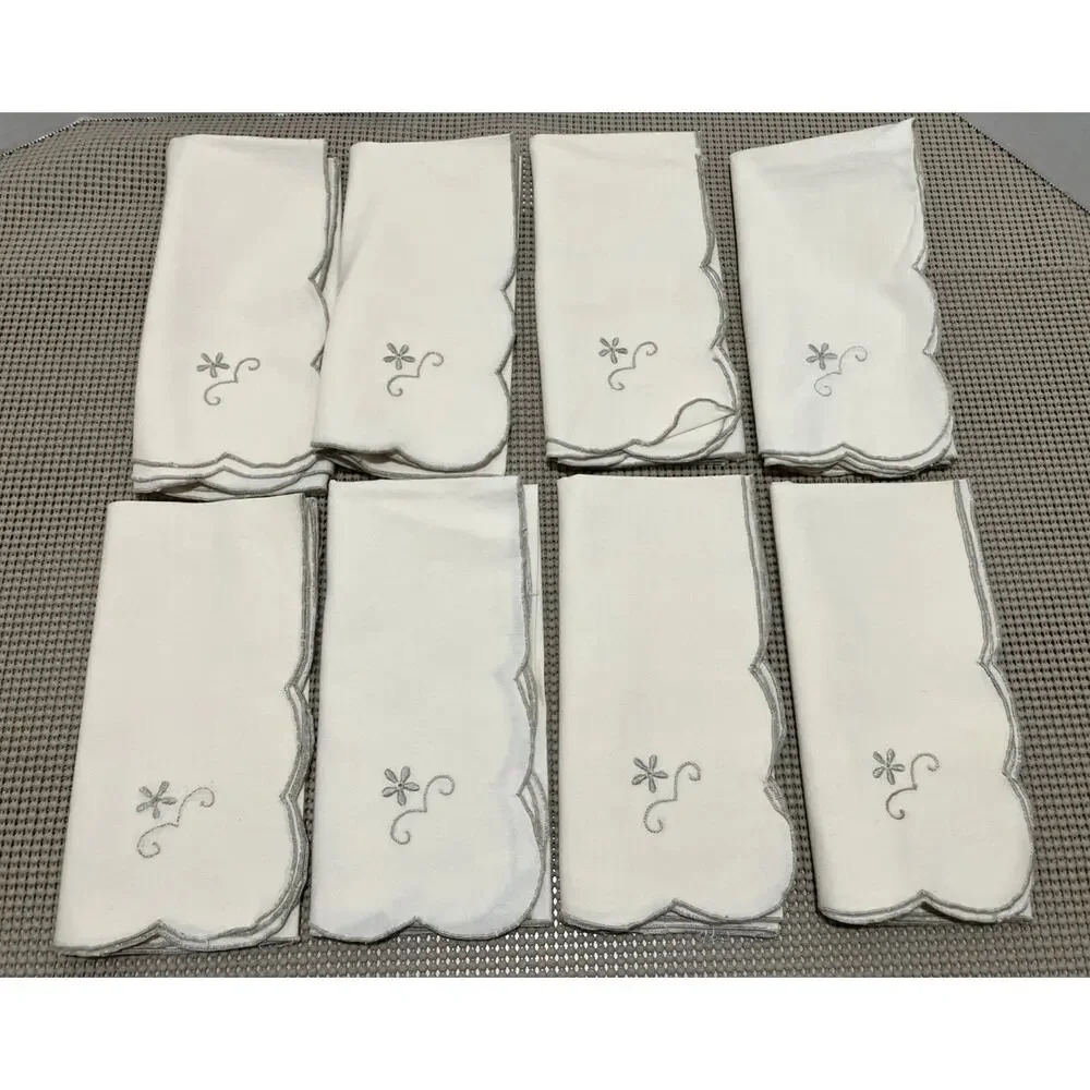 Cocktail Napkins Embroidered Scalloped Off-White Gray Silver Edge Set of 8